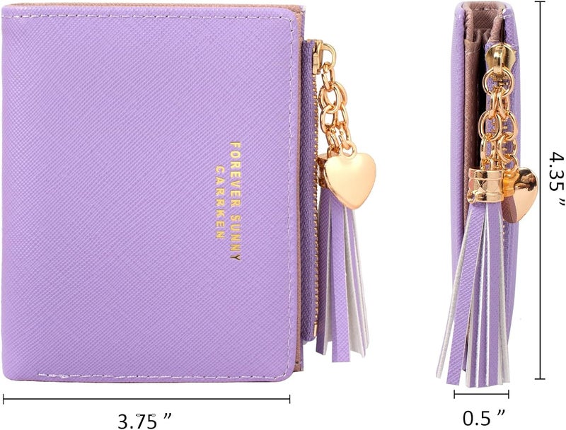 KOTORA Womens Small Wallet Girls Tiny Slim Wallets Pretty Mini Card Holder Thin Short Zip Coin Purse with Love Pendant and Tassels (Purple) - Image 2